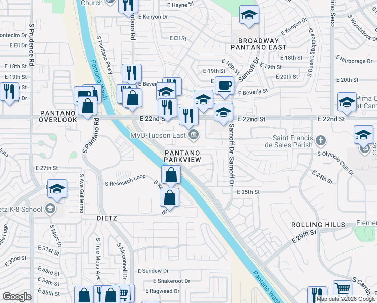 map of restaurants, bars, coffee shops, grocery stores, and more near 8115 East Estes Lane in Tucson