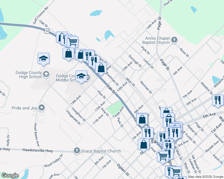 map of restaurants, bars, coffee shops, grocery stores, and more near 1030 Oak Street in Eastman