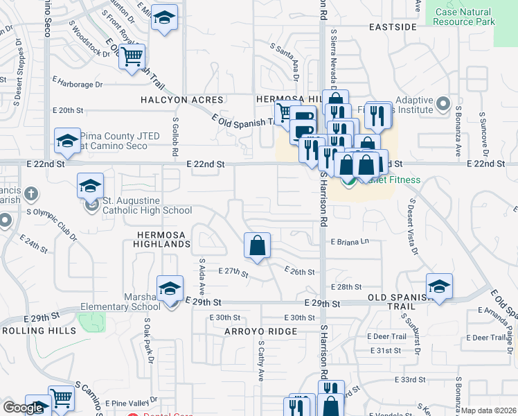 map of restaurants, bars, coffee shops, grocery stores, and more near 9361 East Pikes Peak Drive in Tucson