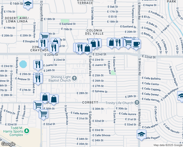 map of restaurants, bars, coffee shops, grocery stores, and more near 1516 South Sahuara Avenue in Tucson