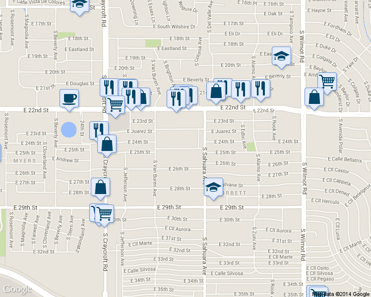 map of restaurants, bars, coffee shops, grocery stores, and more near 5822 East 24th Street in Tucson