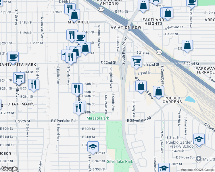 map of restaurants, bars, coffee shops, grocery stores, and more near 1253 East 25th Street in Tucson