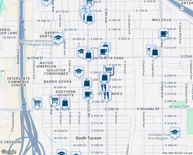 map of restaurants, bars, coffee shops, grocery stores, and more near 149 East 25th Street in Tucson