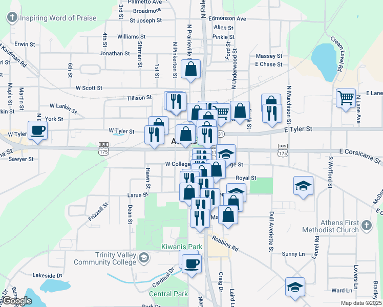 map of restaurants, bars, coffee shops, grocery stores, and more near 105 South Prairieville Street in Athens