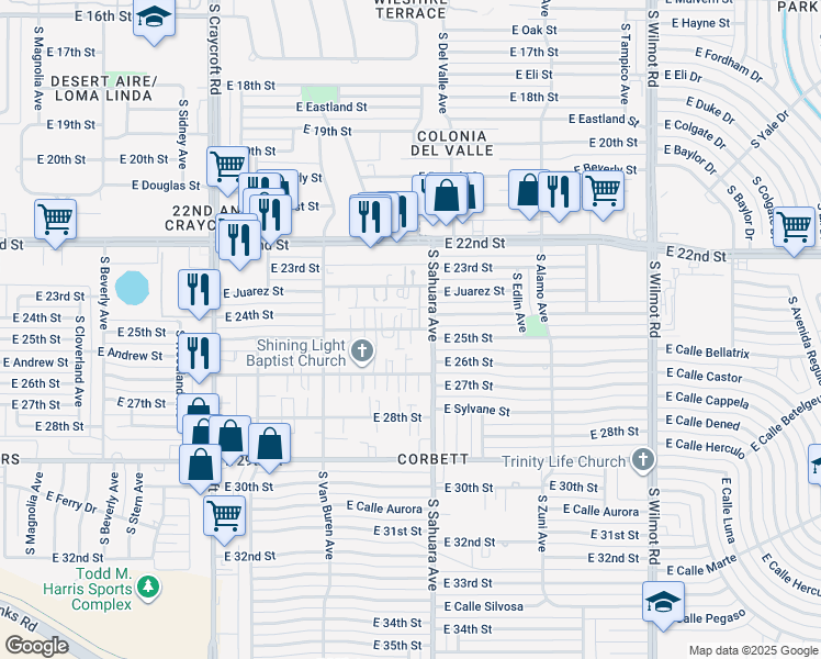 map of restaurants, bars, coffee shops, grocery stores, and more near 5857 East 24th Street in Tucson
