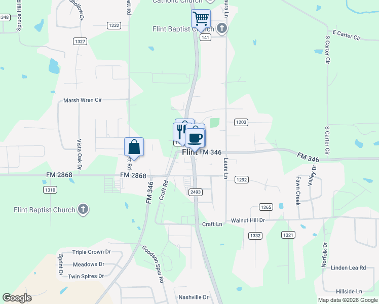 map of restaurants, bars, coffee shops, grocery stores, and more near in Flint