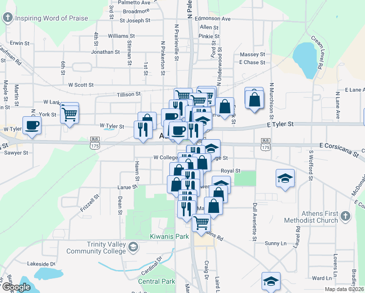 map of restaurants, bars, coffee shops, grocery stores, and more near 121 South Prairieville Street in Athens