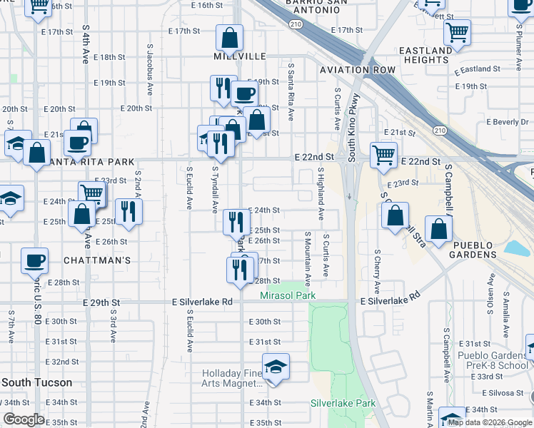 map of restaurants, bars, coffee shops, grocery stores, and more near 1420 South New Street in Tucson