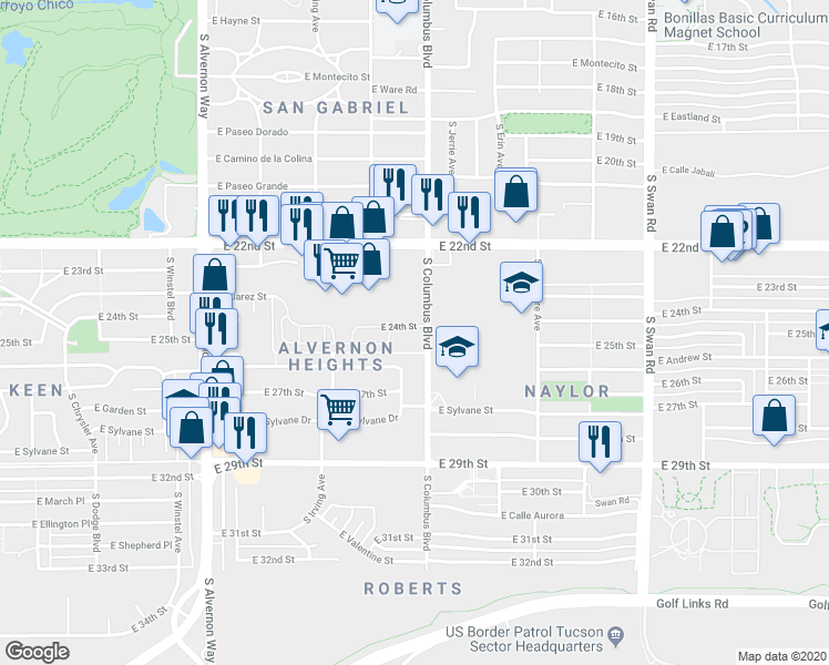map of restaurants, bars, coffee shops, grocery stores, and more near 1702 South Columbus Boulevard in Tucson