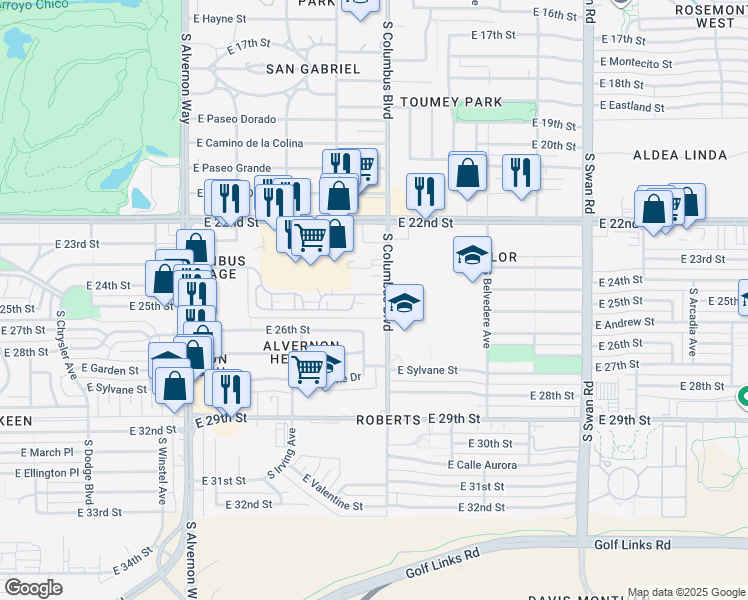 map of restaurants, bars, coffee shops, grocery stores, and more near 1702 South Columbus Boulevard in Tucson