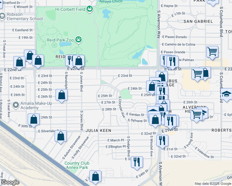 map of restaurants, bars, coffee shops, grocery stores, and more near 3564 East 25th Street in Tucson