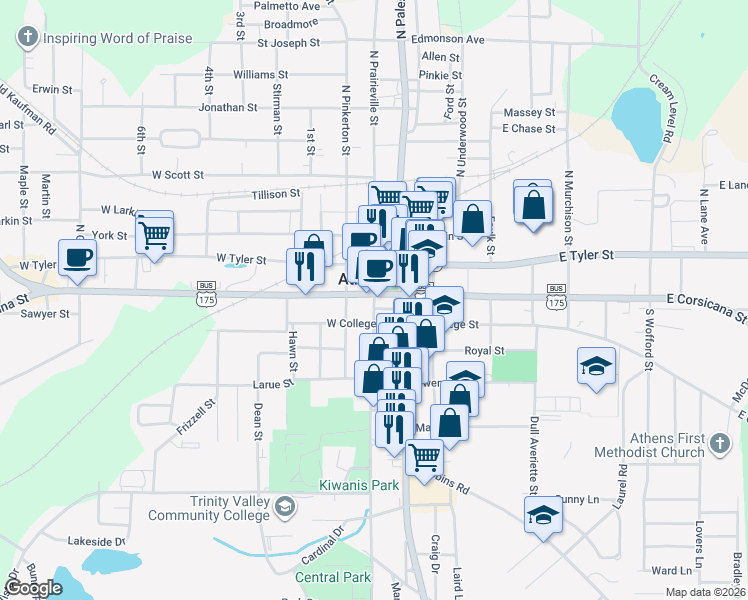 map of restaurants, bars, coffee shops, grocery stores, and more near 121 S Prairieville St in Athens
