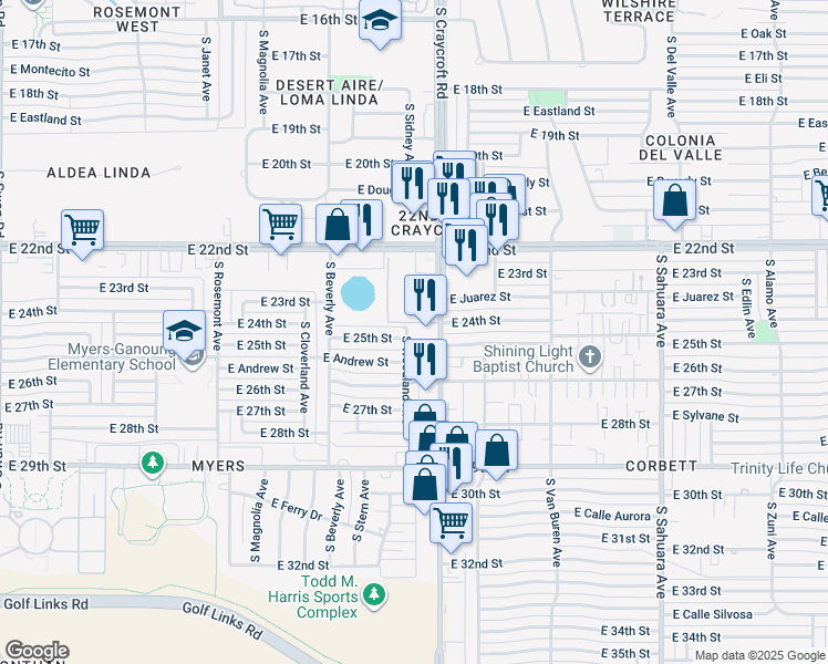 map of restaurants, bars, coffee shops, grocery stores, and more near 1409 South Woodland Avenue in Tucson