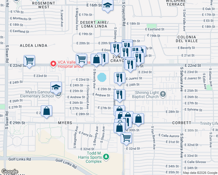 map of restaurants, bars, coffee shops, grocery stores, and more near 5409 East Andrew Street in Tucson
