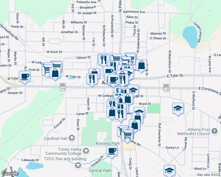 map of restaurants, bars, coffee shops, grocery stores, and more near 109 West Corsicana Street in Athens