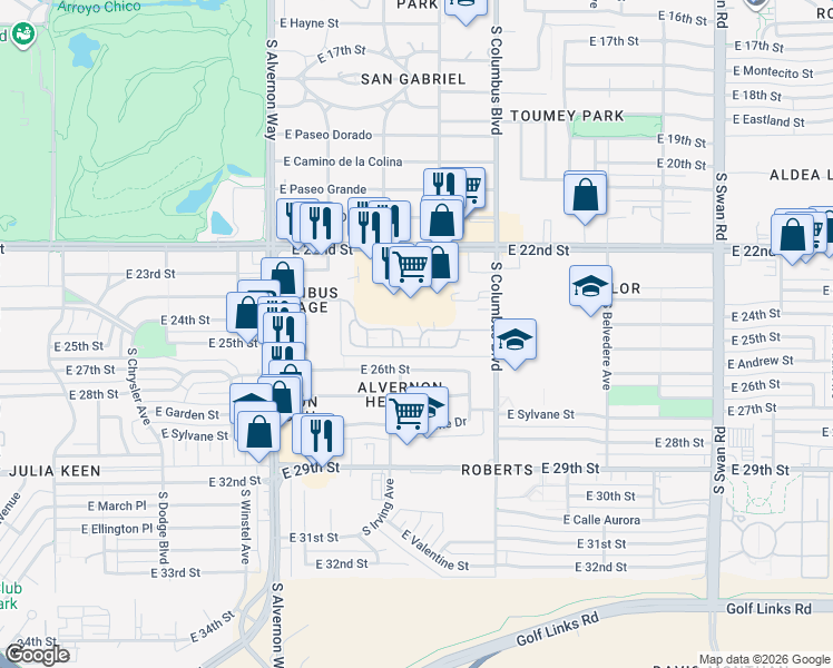 map of restaurants, bars, coffee shops, grocery stores, and more near 1502 South Columbus Boulevard in Tucson