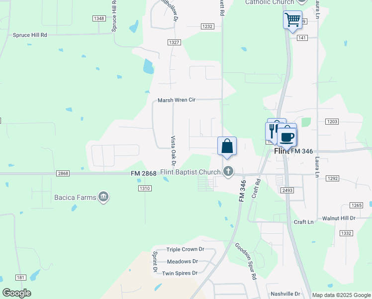 map of restaurants, bars, coffee shops, grocery stores, and more near 18914 Spanish Oak Court in Flint