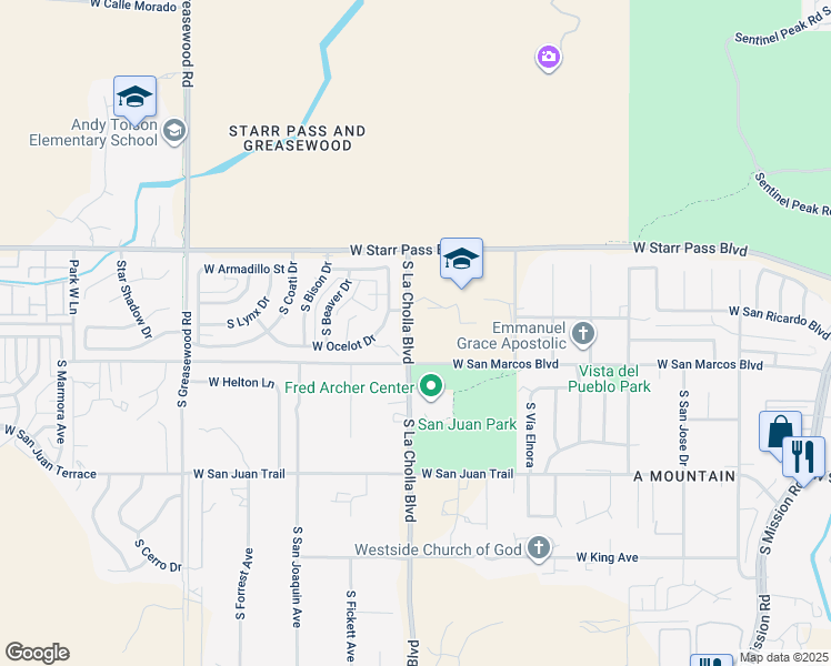 map of restaurants, bars, coffee shops, grocery stores, and more near 2001 West Starr Pass Boulevard in Tucson