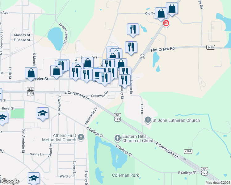map of restaurants, bars, coffee shops, grocery stores, and more near 119 South Palomita Circle in Athens
