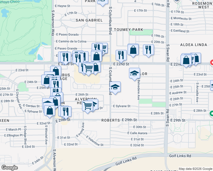 map of restaurants, bars, coffee shops, grocery stores, and more near 1524 South Columbus Boulevard in Tucson