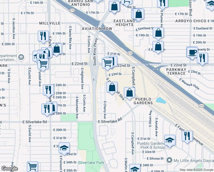 map of restaurants, bars, coffee shops, grocery stores, and more near 1490 South Cherrybell Stravenue in Tucson