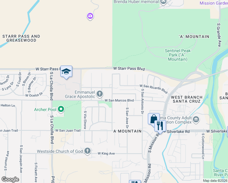 map of restaurants, bars, coffee shops, grocery stores, and more near 1756 West San Marcos Boulevard in Tucson