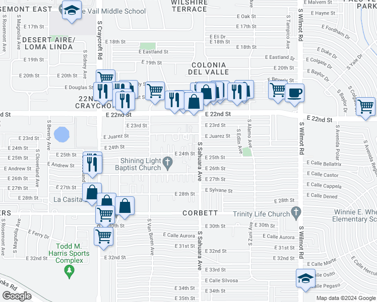 map of restaurants, bars, coffee shops, grocery stores, and more near 5822 East 24th Street in Tucson