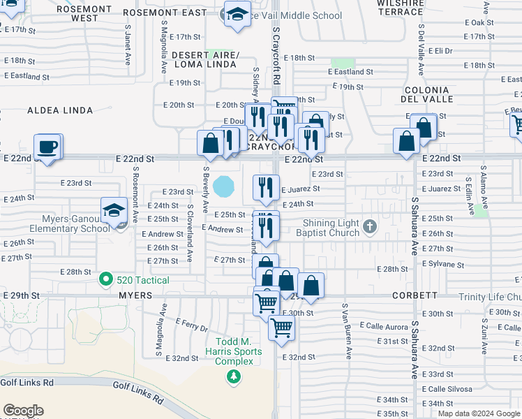 map of restaurants, bars, coffee shops, grocery stores, and more near 1440 South Craycroft Road in Tucson