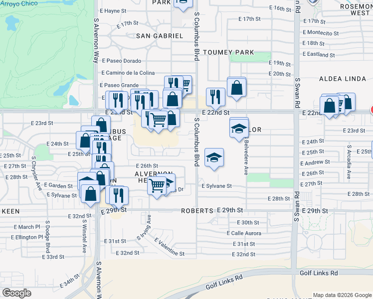 map of restaurants, bars, coffee shops, grocery stores, and more near 4222 East 25th Street in Tucson
