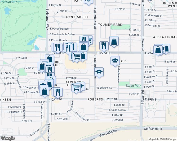 map of restaurants, bars, coffee shops, grocery stores, and more near 4222 E 25th St in Tucson