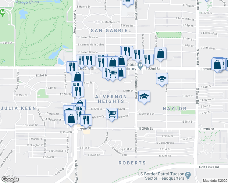 map of restaurants, bars, coffee shops, grocery stores, and more near 1502 South Columbus Boulevard in Tucson