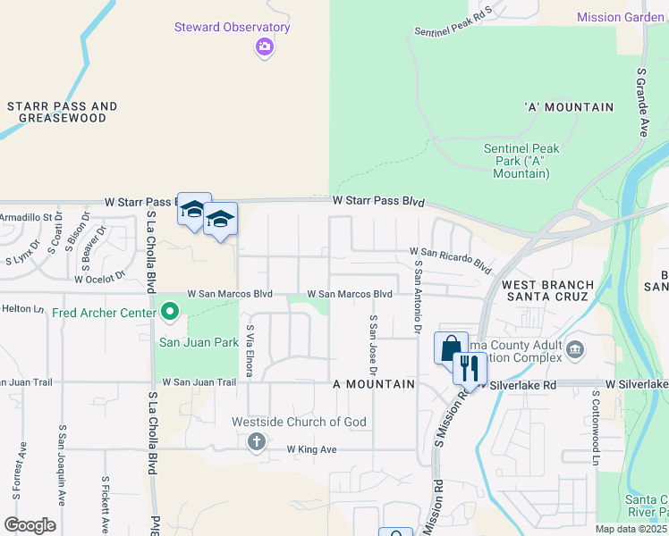 map of restaurants, bars, coffee shops, grocery stores, and more near 1756 West San Marcos Boulevard in Tucson