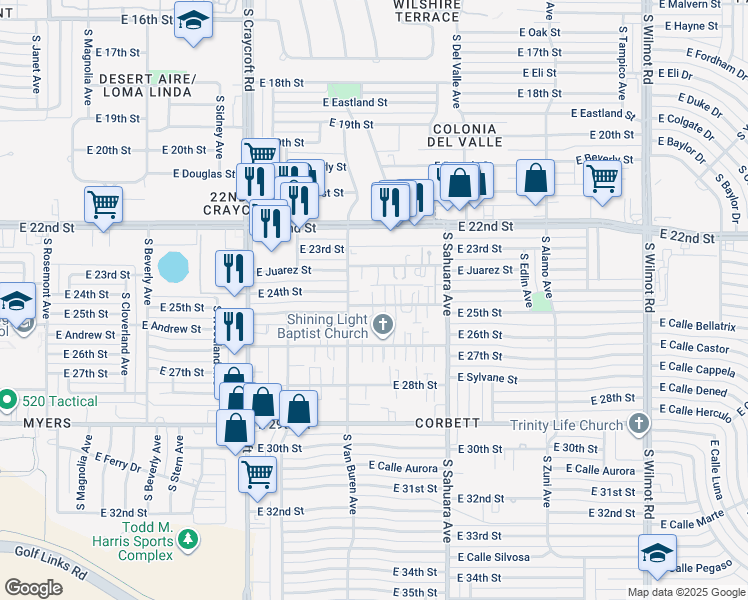 map of restaurants, bars, coffee shops, grocery stores, and more near 5729 East 24th Street in Tucson