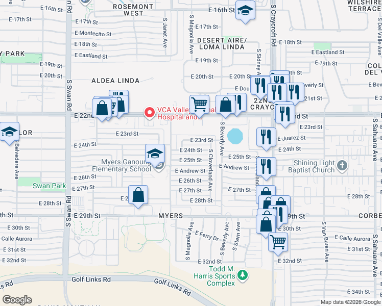 map of restaurants, bars, coffee shops, grocery stores, and more near 5202 East 25th Street in Tucson