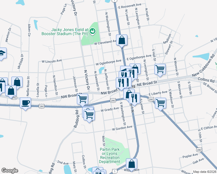 map of restaurants, bars, coffee shops, grocery stores, and more near 180 Northwest Broad Street in Lyons