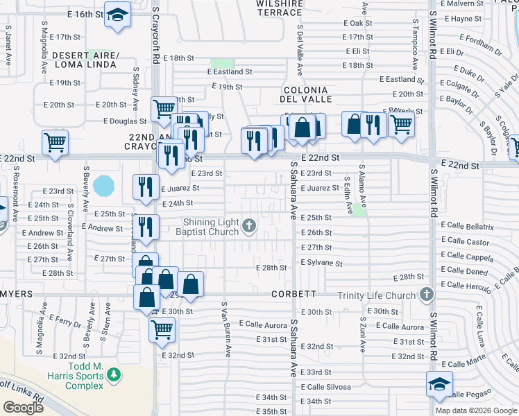 map of restaurants, bars, coffee shops, grocery stores, and more near 5822 East 24th Street in Tucson
