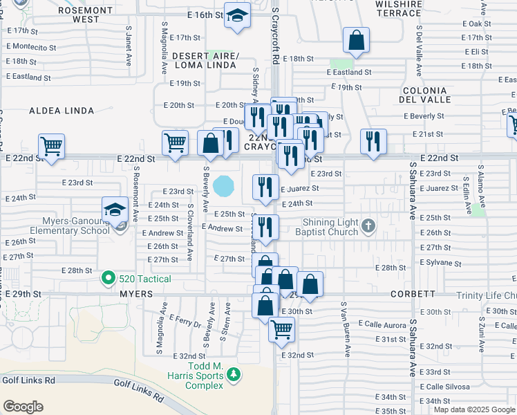 map of restaurants, bars, coffee shops, grocery stores, and more near 1401 South Woodland Avenue in Tucson