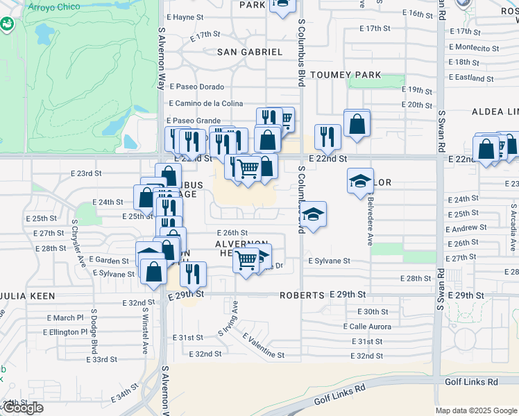 map of restaurants, bars, coffee shops, grocery stores, and more near 4150 East 22nd Street in Tucson