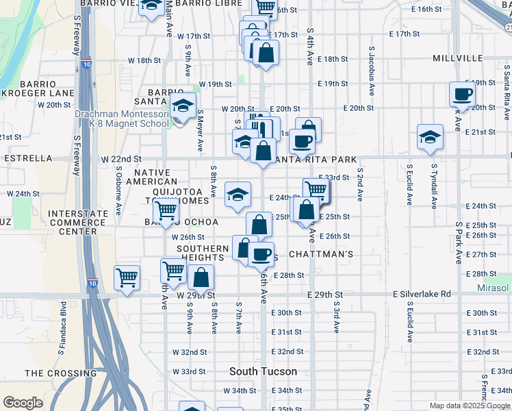 map of restaurants, bars, coffee shops, grocery stores, and more near 1334 South 6th Avenue in Tucson