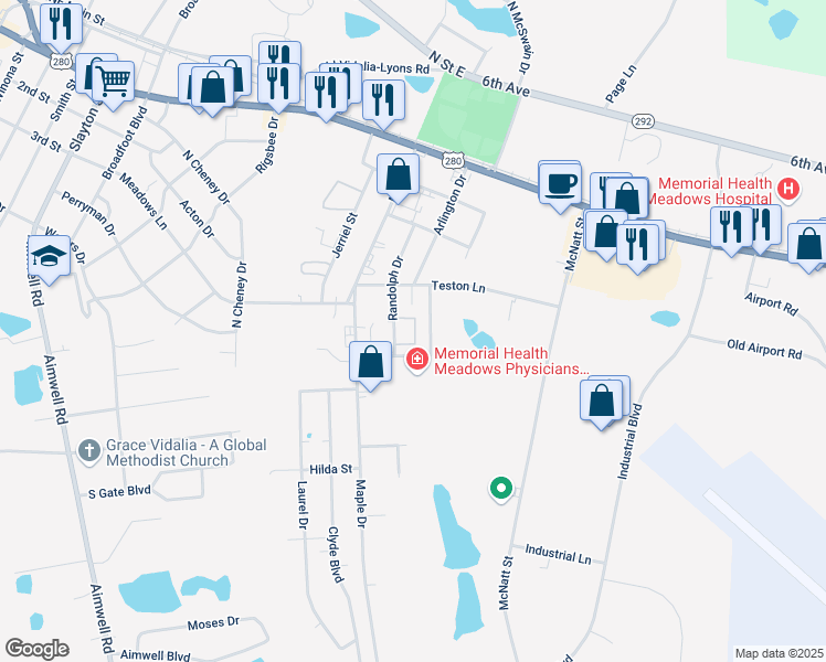 map of restaurants, bars, coffee shops, grocery stores, and more near 410 Randolph Drive in Vidalia