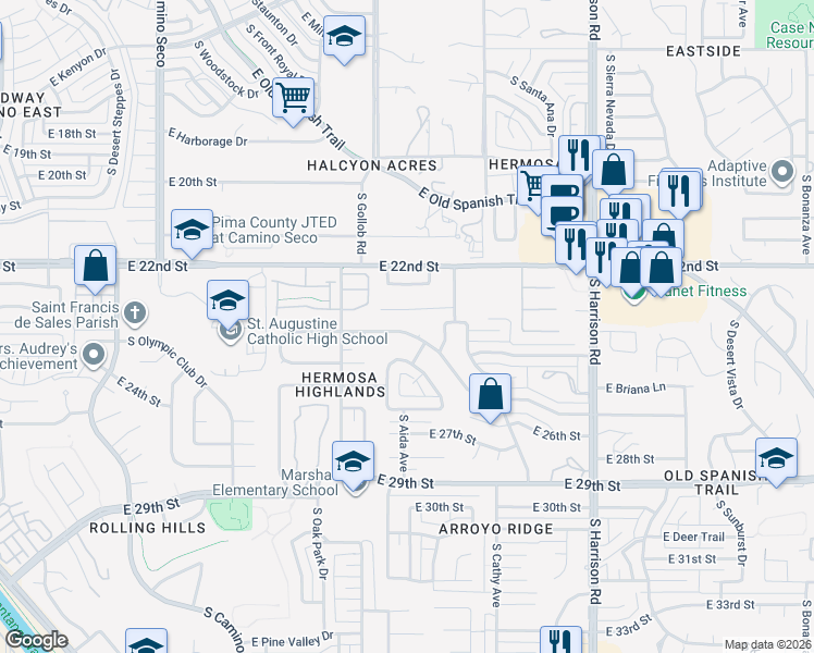 map of restaurants, bars, coffee shops, grocery stores, and more near 9127 East Calle Diego in Tucson