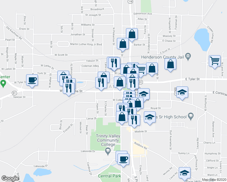 map of restaurants, bars, coffee shops, grocery stores, and more near 100 North Pinkerton Street in Athens