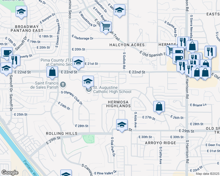 map of restaurants, bars, coffee shops, grocery stores, and more near 9025 East Calle Diego in Tucson