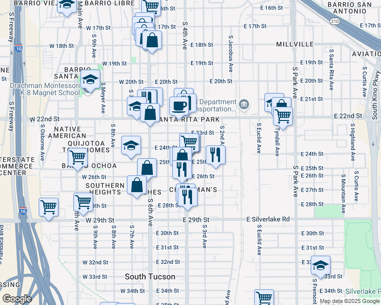map of restaurants, bars, coffee shops, grocery stores, and more near 1322 South 4th Avenue in Tucson