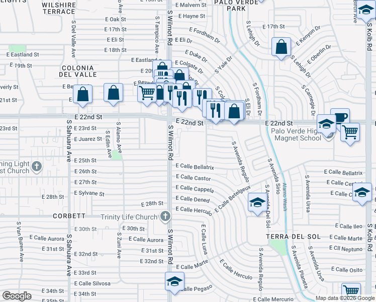 map of restaurants, bars, coffee shops, grocery stores, and more near 1342 South Avenida Polar in Tucson