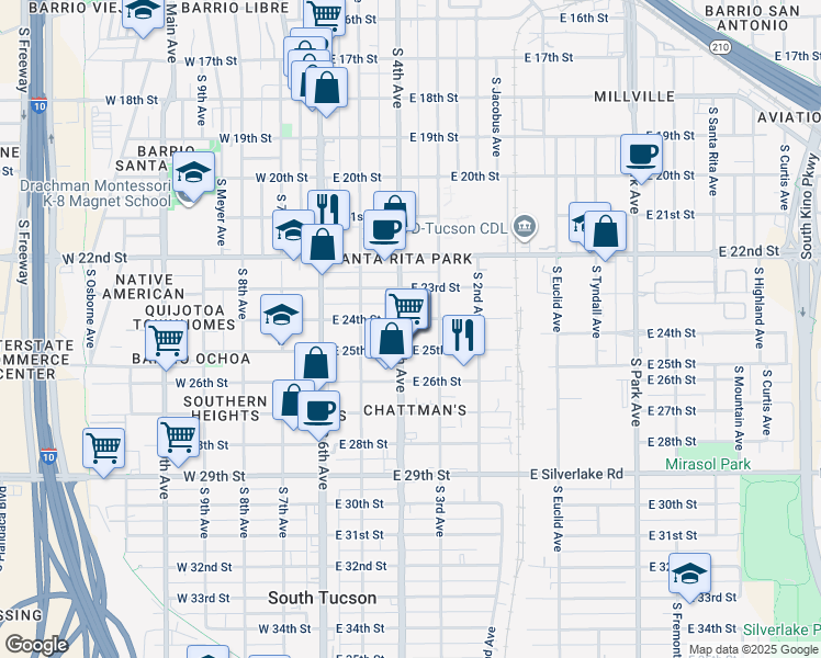 map of restaurants, bars, coffee shops, grocery stores, and more near 1322 South 4th Avenue in Tucson