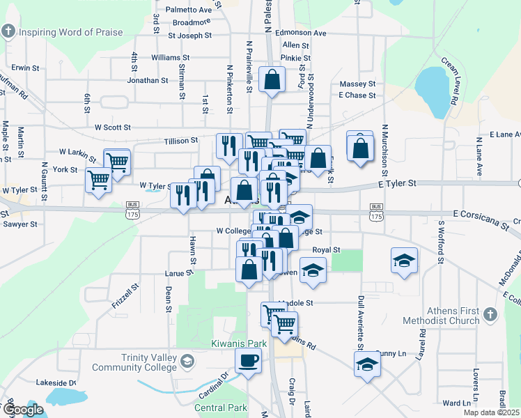 map of restaurants, bars, coffee shops, grocery stores, and more near 100 East Tyler Street in Athens