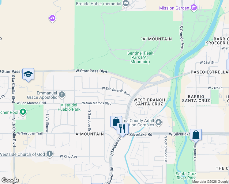 map of restaurants, bars, coffee shops, grocery stores, and more near 1539 West San Ricardo Boulevard in Tucson