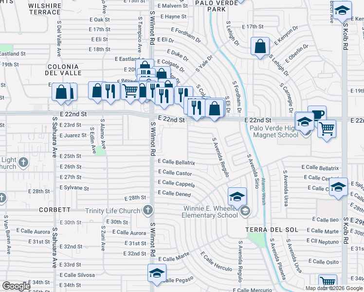 map of restaurants, bars, coffee shops, grocery stores, and more near 1342 South Avenida Polar in Tucson