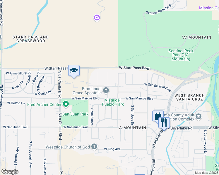 map of restaurants, bars, coffee shops, grocery stores, and more near 1834 West Pueblo Vista Boulevard in Tucson